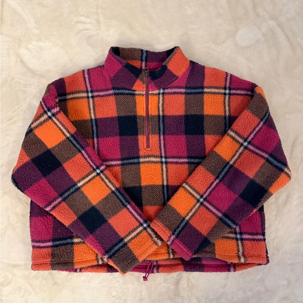 American Eagle Colorful Plaid Teddy Jacket - Pink, Orange, purple